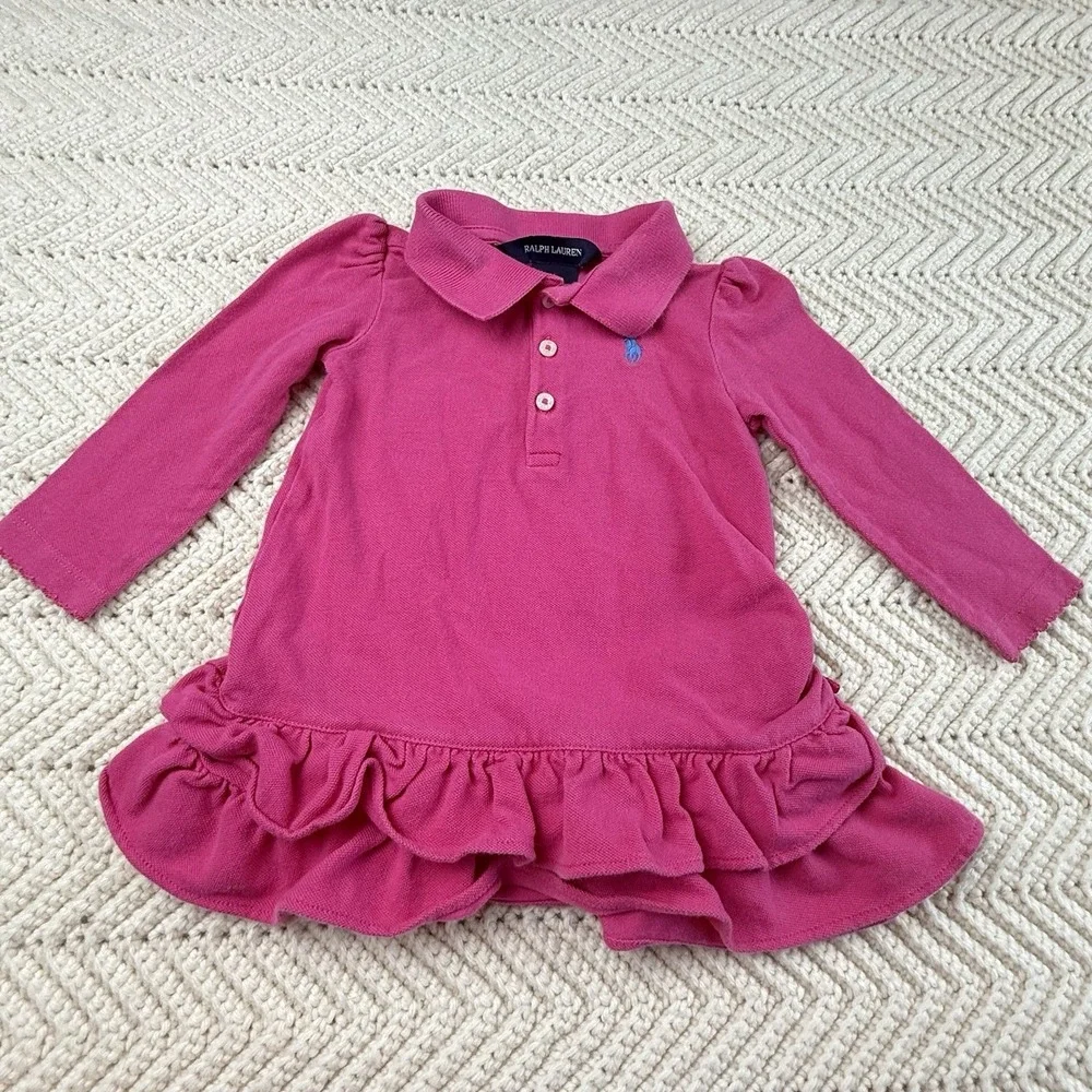 Ralph‎ Lauren Polo Dress Baby Girls 9 Mos Pink L/S Ruffle Skirt Cotton Preppy